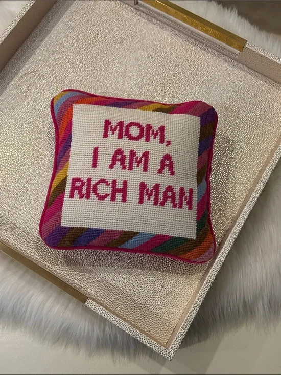 Embroidered 'Mom, I Am a Rich Man' Decorative Pillow - Pink Multicolor
