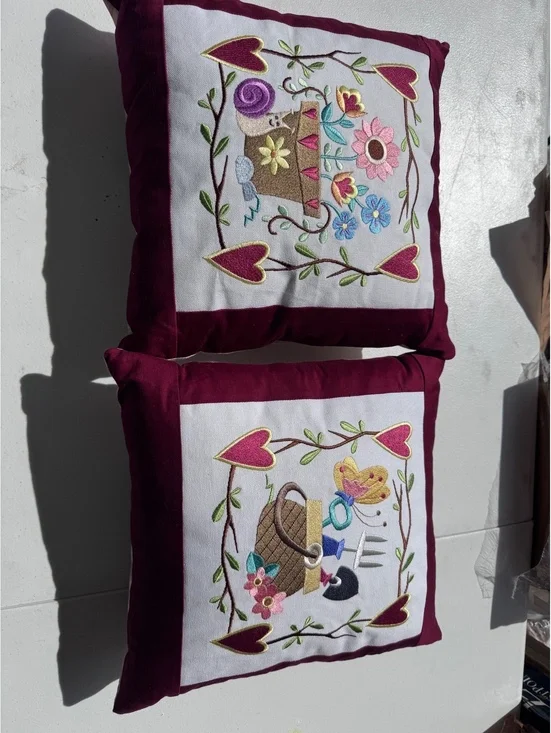 Set 2 Embroidered Garden Throw Pillows Birdhouse Gardening Tools Burgundy 13”
