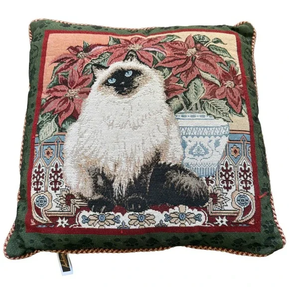 VTG Himalayan Cat Tapestry Needlepoint Pillow Christmas Holiday‎ 16x16 Cottage