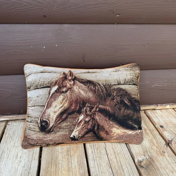 Tapestry Horse Throw Pillow Tan Brown Rustic Woven Equestrian Decor