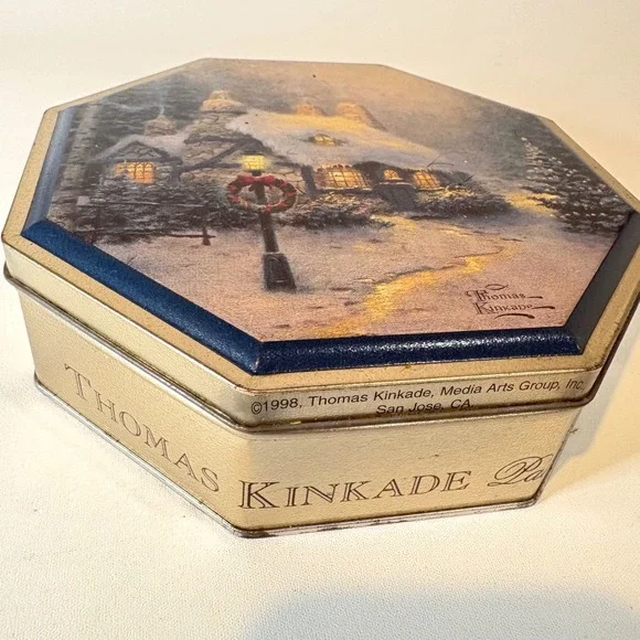 Thomas Kinkade 1998 Victorian Christmas II Octagon Tin Winter Cottage Decor