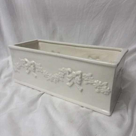 Vintage White Ceramic Rectangular Window Box Planter Garland Bows 13