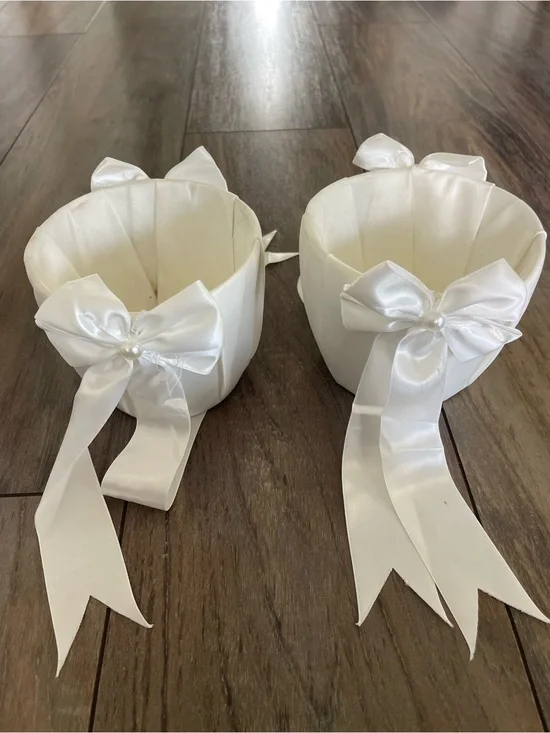 Two Satin Bow Flower Girl Basket in White