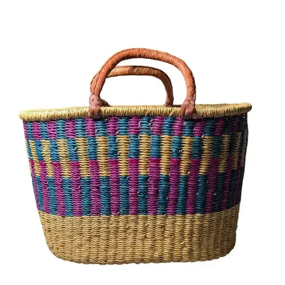 African Bolga Market Basket Large Ghana Tote Handwoven Leather Handles Boho
