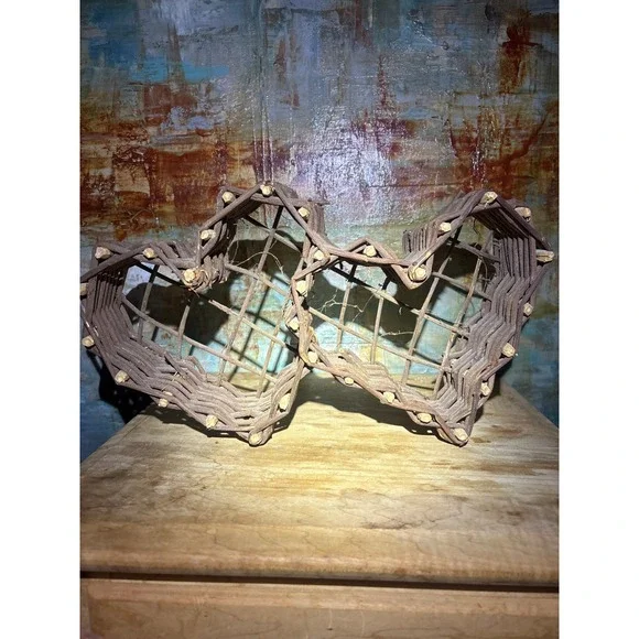 Rustic Double Heart Twig Basket Primitive Grapevine Woven Decor Brown 13.5in