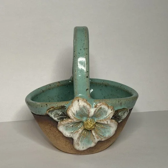 Vtg Old Patagonia Pottery Small‎ Floral Basket Blue Brown 89 RARE