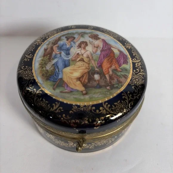 Baroque Round Trinket Powder Hand painted Box Germany Mirror Inside