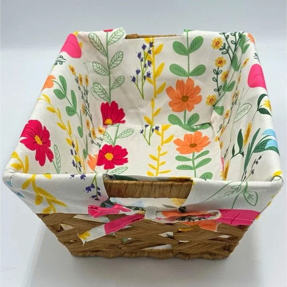 Wicker Storage Basket w/ Handles, Floral Fabric Liner, Rectangular 12x8x5 in