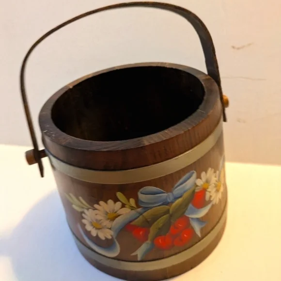 Old Wood Firkin Sugar Bucket Pail w/ Swinging Handle Primitive Rustic