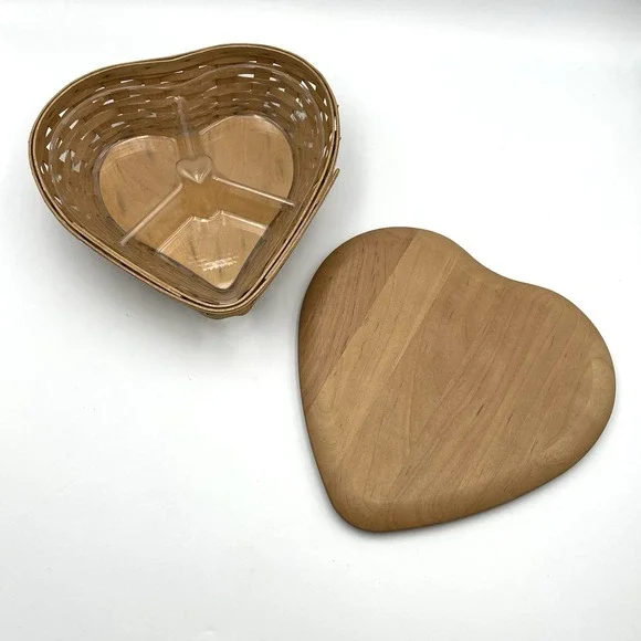 Vintage 2004 Longaberger Heart Basket Set With‎ Lid & Protector Woodcrafts USA