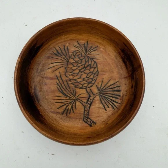 Wooden Trinket Bowl Pine Cone Burned Design 5.5