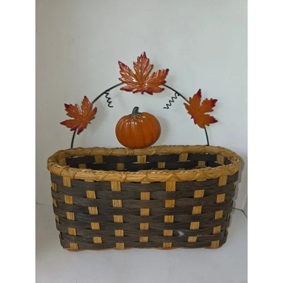 Vintage 1990s Harvest Basket Woven Wicker Pumpkin Maple Leaf Metal Handle Decor