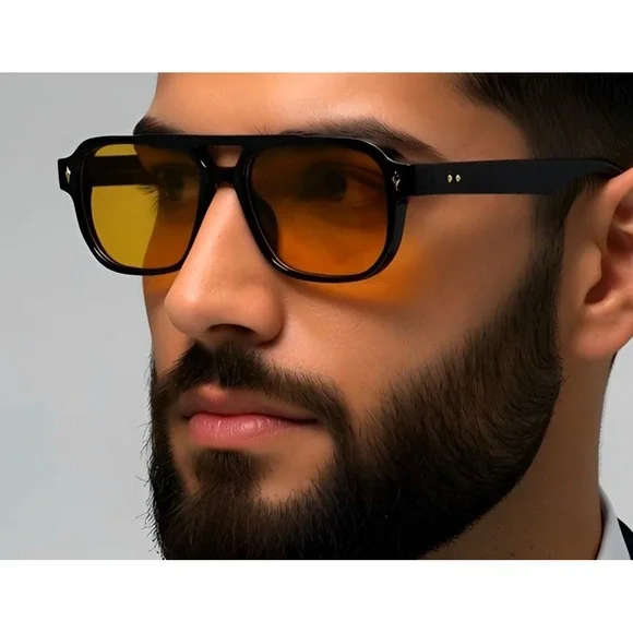 Mens‎ Square Fashion Sunglasses Black Frame Yellow Tinted Lens Retro Streetwear