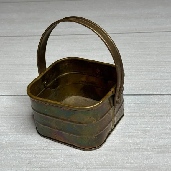 Vintage‎ Brass Square Basket Small Handle Pot Planter Trinket Dish Made India