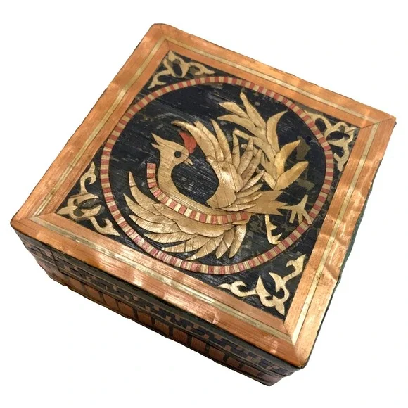 Vtg Asian Biscuit Tin Trinket Box‎ Phoenix Wooden Inlay 2.75