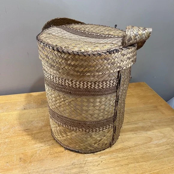 Vtg Hand Woven Pandanus Leaf Basket Lid Handle Lined Boho Tropical Tribal Decor‎