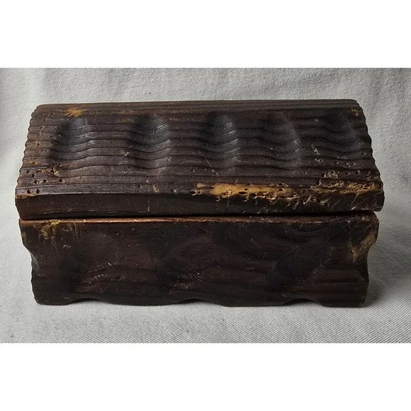 Hand Carved Wood Trinket Box W/Hinged Lid 6.5