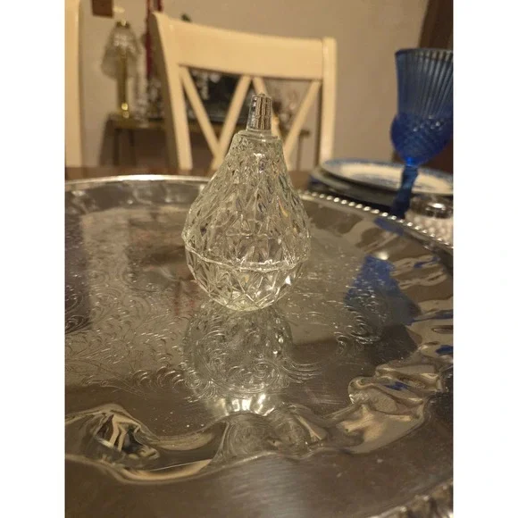 vintage pear-shaped trinket box made of clear faceted lead crystal cottagecore
