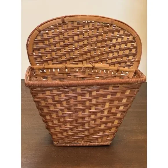 Woven Wicker Basket Two Tone Brown Pocket Flat Back Boho Farmhouse Decor Storage