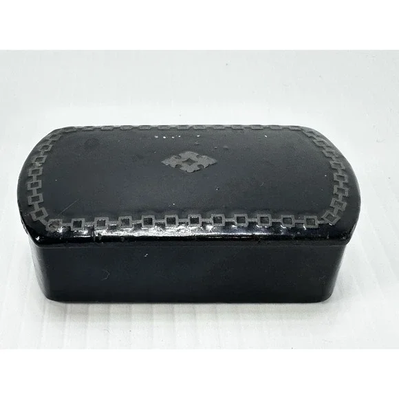 Vintage French Lacquerware‎ Black Lacquer Trinket Snuff Box Silver Inlay