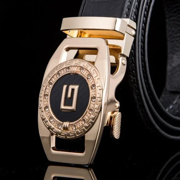 Black Leather Belt Automatic‎ Buckle Slide No Hole Strep Ratchet G Gold Diamond