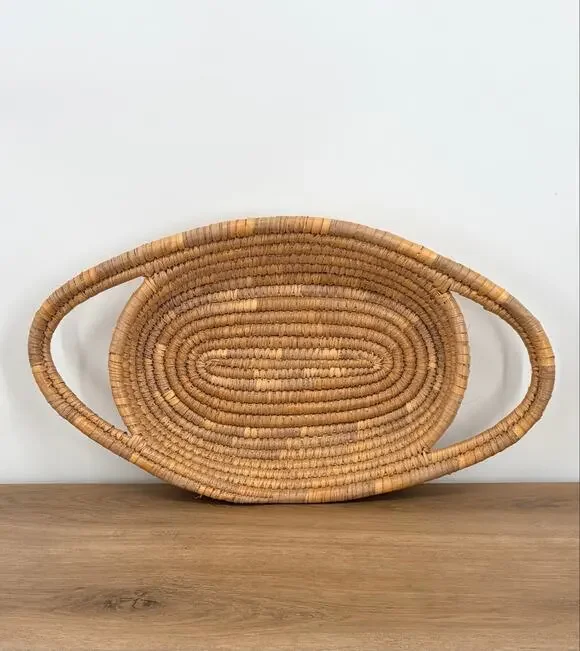Vintage Boho Hand Woven Coil Straw Basket Tray, Oval Serving Platter, Wall Art