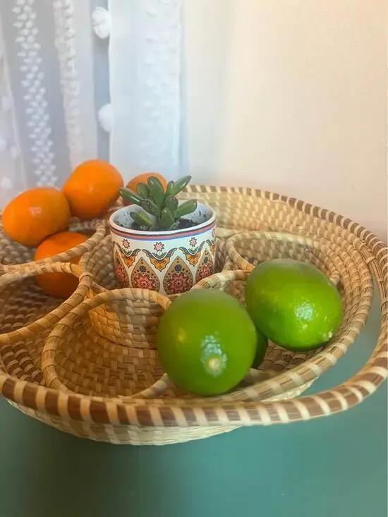 Handwoven Divided Basket Serving Tray | Fruit & Snack Caddy | 15” Diameter