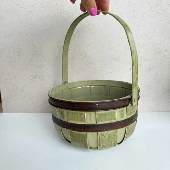 Vintage Style Sage Green Wooden Slat Bushel Basket with Handle and Liner 7.5in