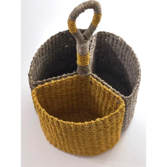 Woven Seagrass 3 Compartment Utility Caddy Mustard Yellow and Grey Handle Basket