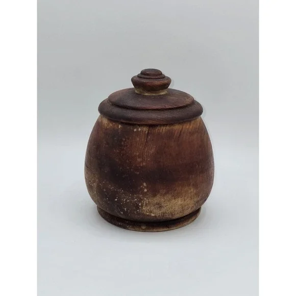 Vintage Hand Turned Wood Lidded Pot Bowl Rustic‎ Wooden Container 5.5