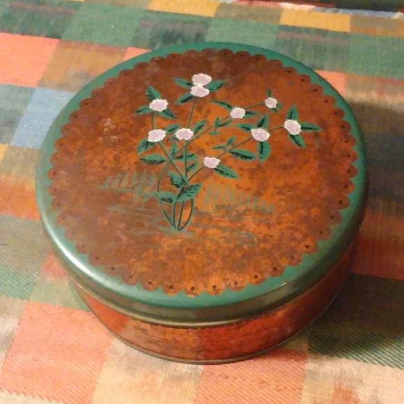 Vintage Copper Tin Storage Cherrydale Farms Mints Box Floral Top Gold, Green