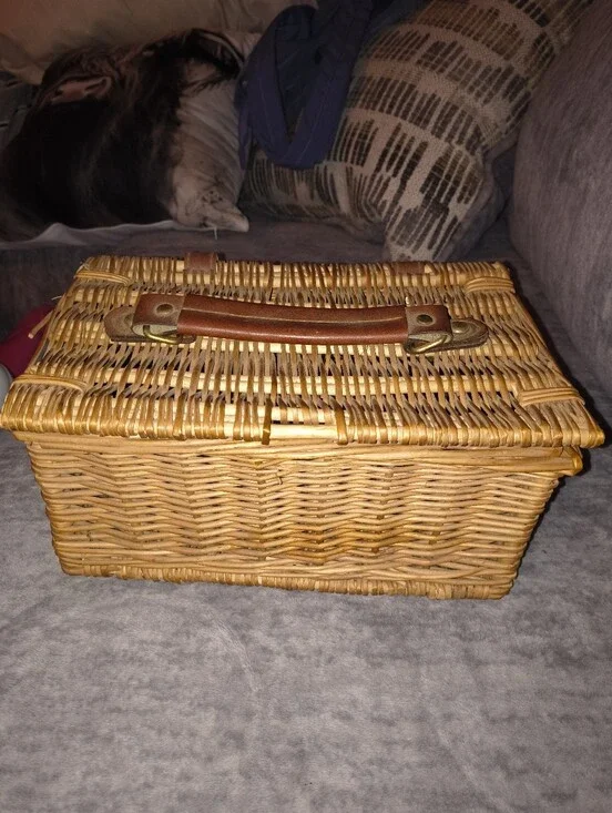 Woven Rattan Picnic Handbag with Brown Leather Handle