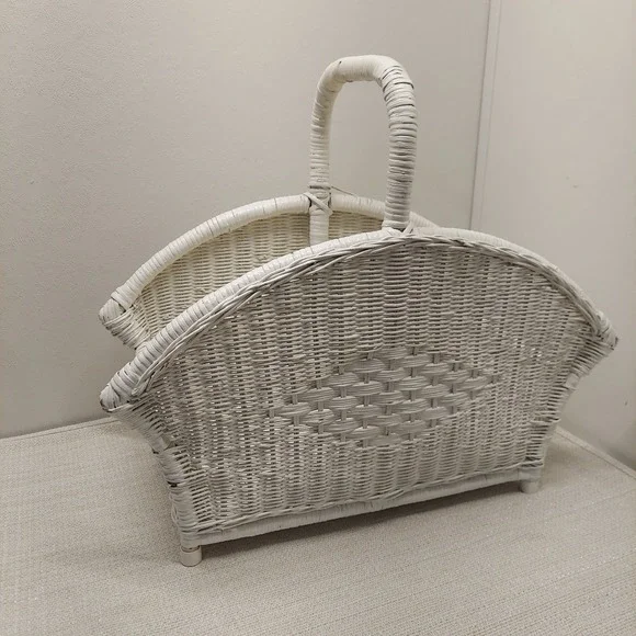 Vintage White Wicker Magazine Rack Floor Basket Arched Handle Shabby Chic