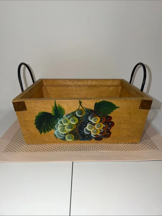 Handmade Vintage Wooden Caddy Metal Handles Painted Grapes Front