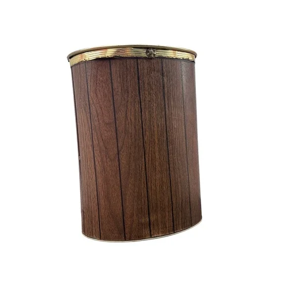 Vintage Pearl-Wick Faux Wood Grain Metal Wastebasket MCM Gold Trim Trash Can