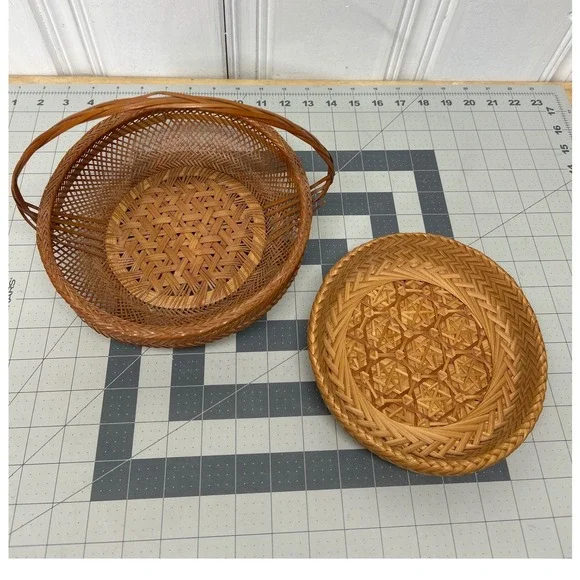 Woven Bamboo Basket 2pcs Round Handle Coe & Dru Tray Vintage Boho Wicker