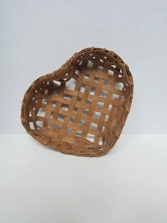 Vintage Hand Woven Wooden Slint Heart Shaped Basket Country Cottage Core