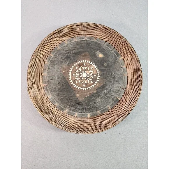 Vintage Round Woven Rattan Wood Tray Geometric Inlay Decorative Wall Basket 11