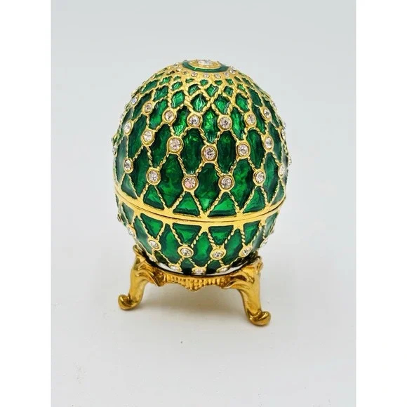 Jeweled Egg Trinket Box Green Enamel Rhinestone Gold Tone Hinged Decorative