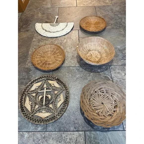 Vintage Boho Woven Basket Wall Decor Set of 6 Natural Rattan Seagrass Wicker