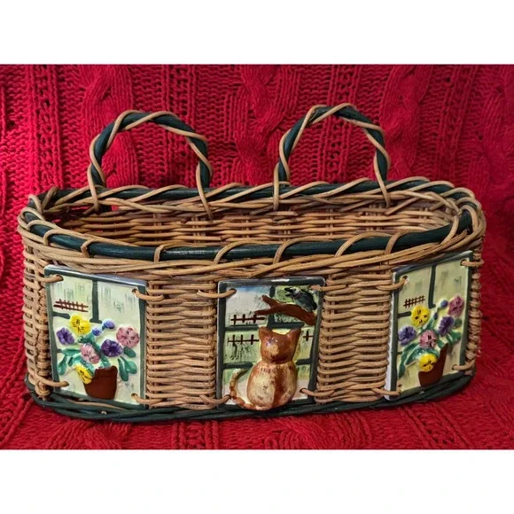 Vintage Wicker Wall Hanging Basket 3D Ceramic Cat and Floral Tiles Cottagecore