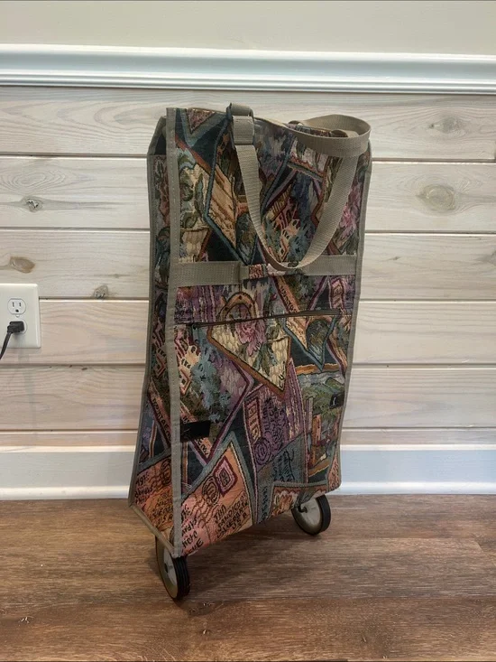 Vintage Jade Route 66 Tapestry Pattern Rolling Tote Bag - Multicolor