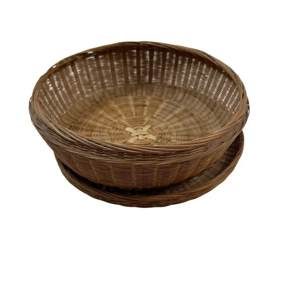 Vintage Handmade Round Woven Wicker Basket Lid Natural Brown Boho Storage 9.5in
