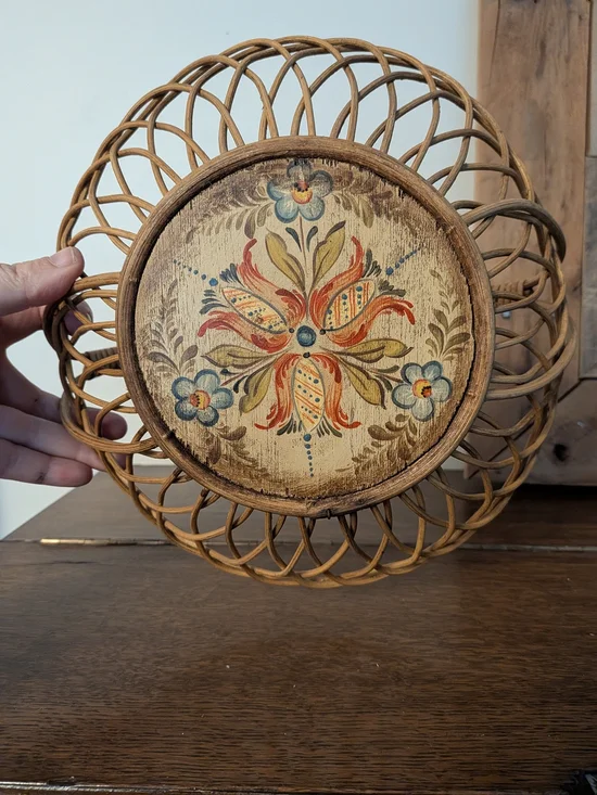 Hand Painted Wicker Rattan Basket Handled Wooden Base Folk Art