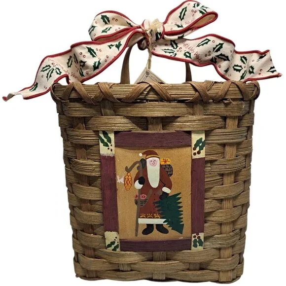 Christmas Card‎ Basket Bath & Body Hanging Santa Claus Wood Woven Festive Ribbon