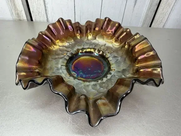 Vintage Fenton Art Glass Carnival Ruffle Edge Bowl Amethyst Purple Holographic