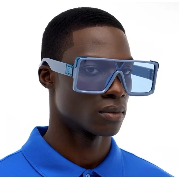 Mens Blue Oversized Square Shield Sunglasses Futuristic Flat‎ Top V-Bridge Shade
