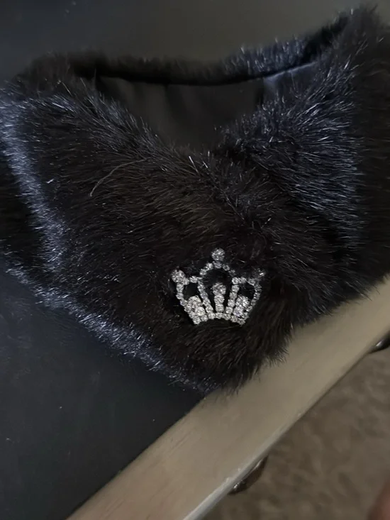 Dog Black Faux Fur Collar with Rhinestone Crown Accent
