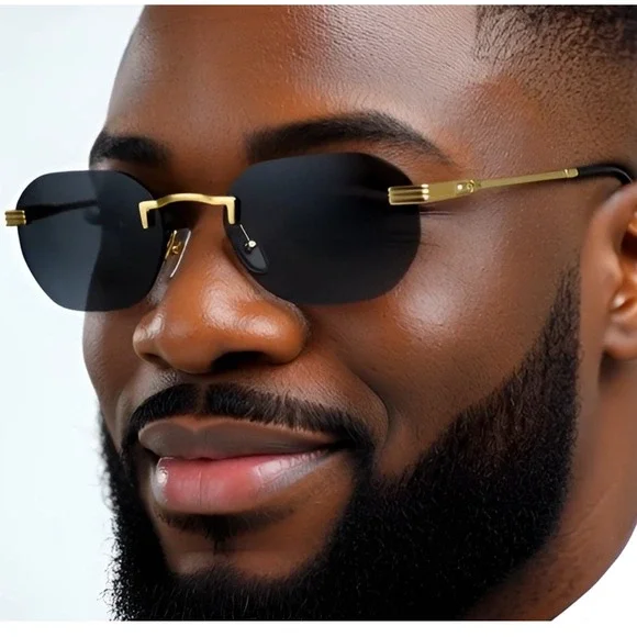 Men's Fashion Shades Rimless Hip Hop Sunglasses Gold Frame Dark Black Lens Gafas