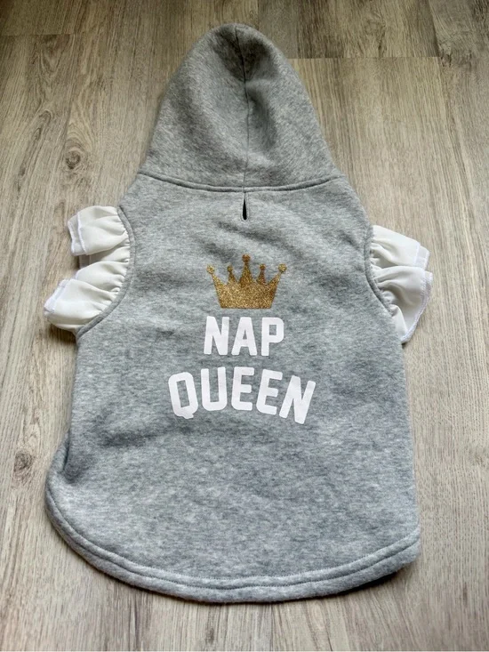 Nap Queen - Grey Hooded Pet/Dog Top Shirt w/ Gold Crown & White details - Small